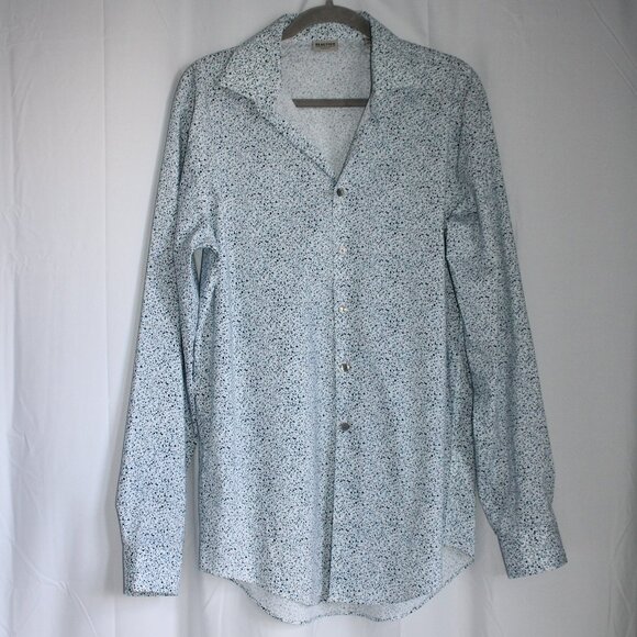 Reaction Kenneth Cole Long Sleeve Button Up White Blue Splatter Slim Fit Large - Picture 1 of 9